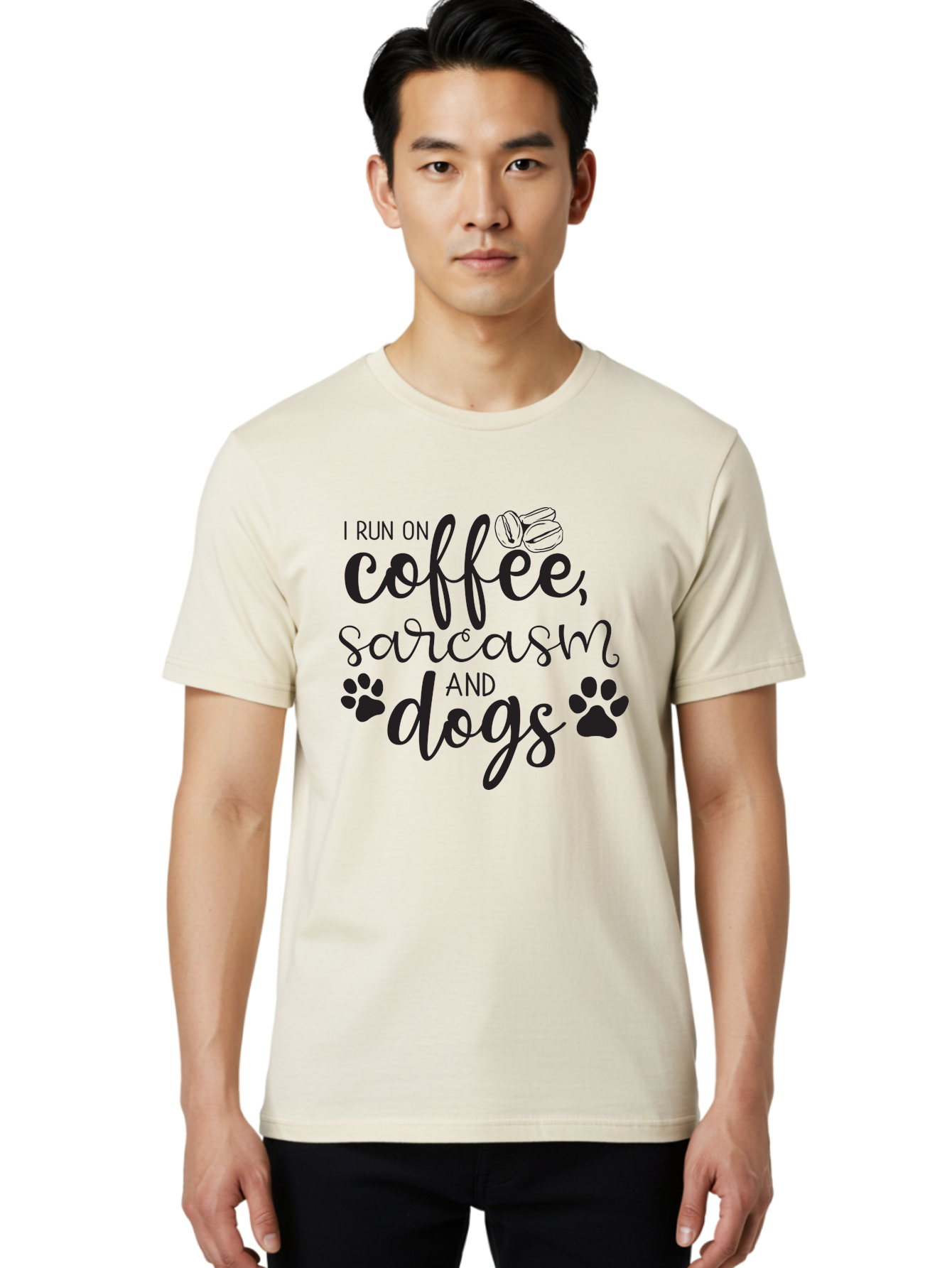 I-Run-On-Coffee-Sarcasm-And-Dogs Men'S Graphic Tee, 100% Cotton, Comfortable Casual Summer Wear, Machine Washable, Funny Quote, Dog Lovers, Coffee Lovers, Sarcastic Humor, Motivational Quotes, Dog Paw Prints, Coffee Beans Aac876