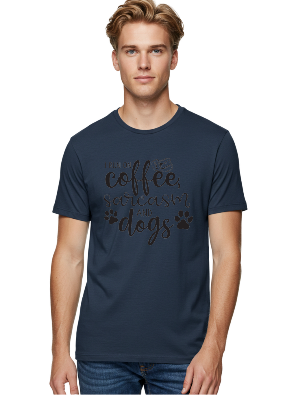 I-Run-On-Coffee-Sarcasm-And-Dogs Men'S Graphic Tee, 100% Cotton, Comfortable Casual Summer Wear, Machine Washable, Funny Quote, Dog Lovers, Coffee Lovers, Sarcastic Humor, Motivational Quotes, Dog Paw Prints, Coffee Beans Aac876