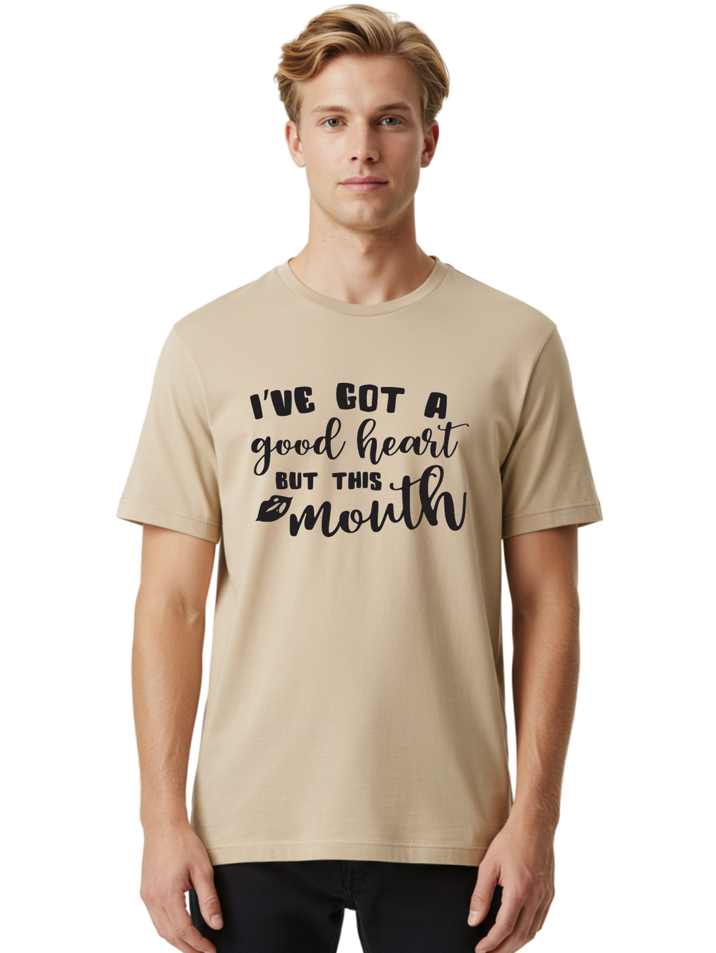 I-Ve-Got-A-Good-Heart-But-This-Mouth Men'S Graphic Tee, 100% Cotton, Comfortable Casual Summer Wear, Machine Washable, Sassy Quote, Good Heart, Lip Prints, Sassy Mouth, Funny Saying, Attitude Quote, Witty Phrase, Sarcastic Humor Aac880