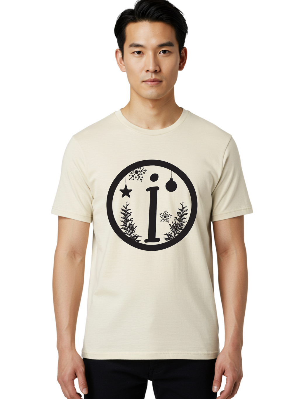 I Men'S Graphic Tee, 100% Cotton, Comfortable Casual Summer Wear, Machine Washable, Lowercase I, Christmas Ornaments, Snowflakes, Festive Decorations, Holiday Theme, Winter Scene, Star Decoration, Sprigs Of Evergreen Aac889