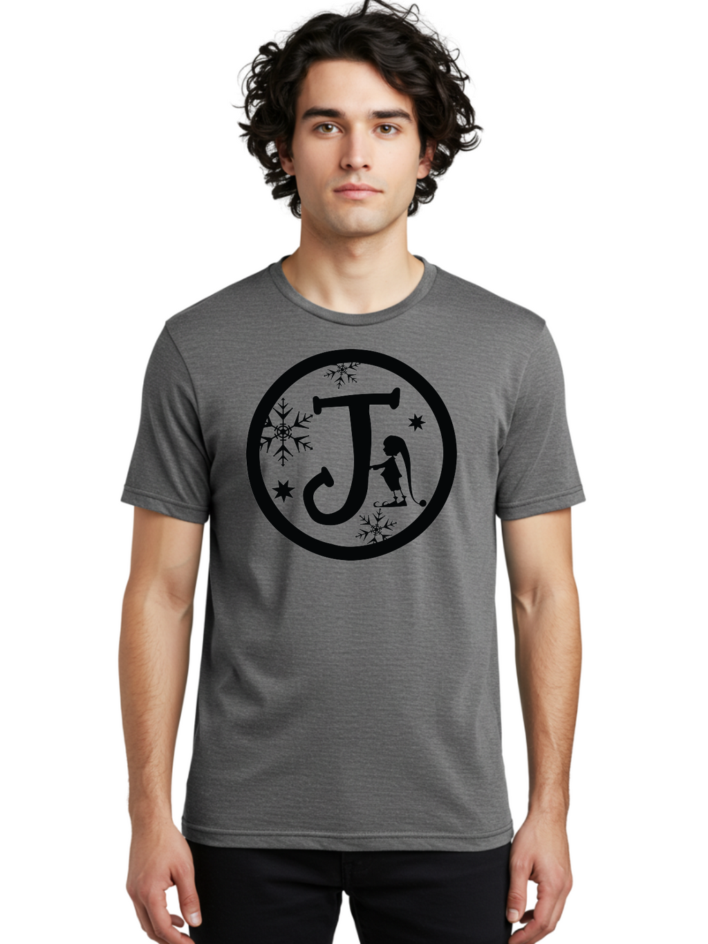 J Men'S Graphic Tee, 100% Cotton, Comfortable Casual Summer Wear, Machine Washable, Girl Playing Hockey, Winter Sports, Ice Hockey, Silhouette Design, Snowflakes, Stars, Letter J, Frosty Atmosphere, Womens Hockey, Youth Hockey Aac906