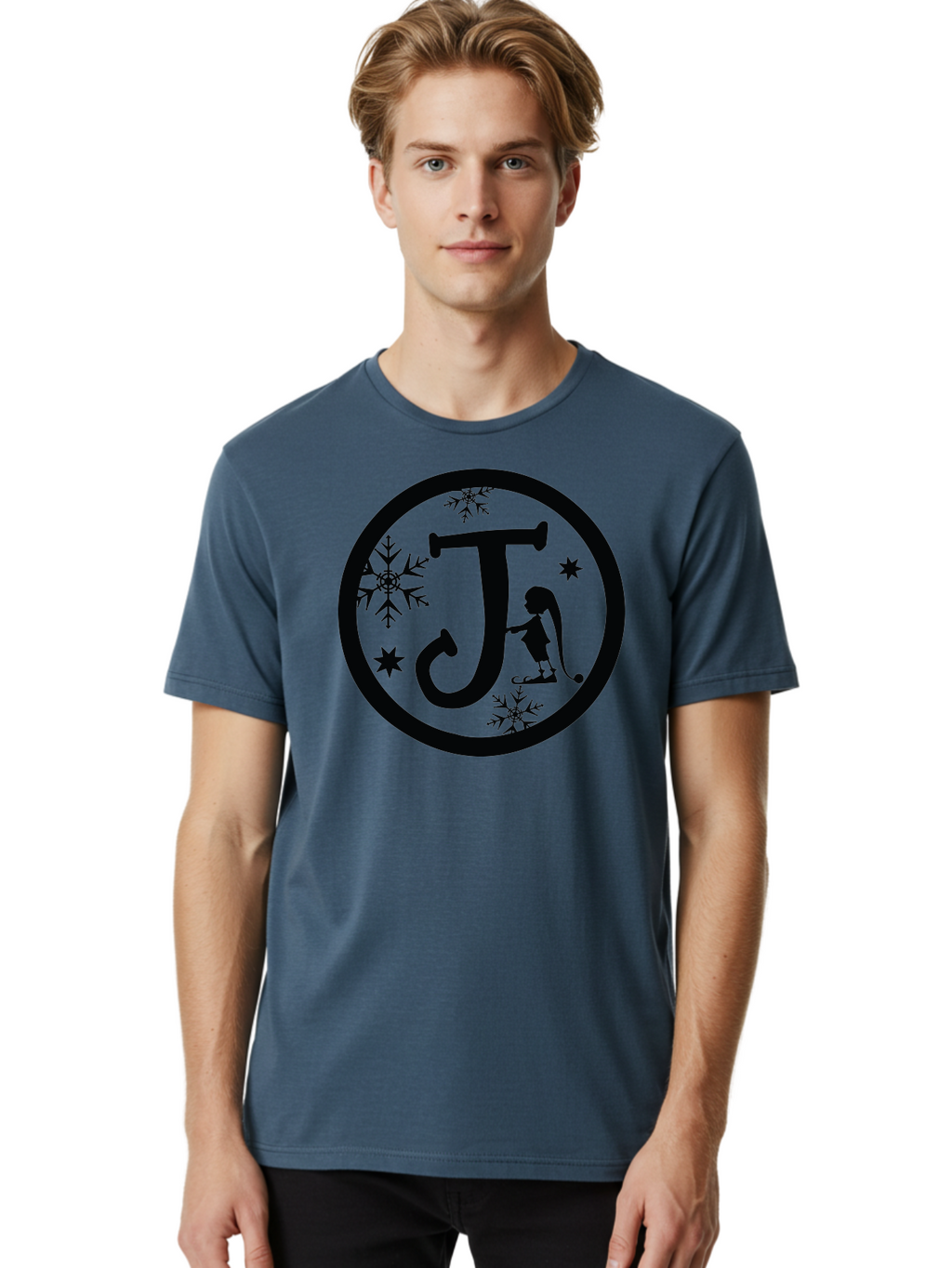 J Men'S Graphic Tee, 100% Cotton, Comfortable Casual Summer Wear, Machine Washable, Girl Playing Hockey, Winter Sports, Ice Hockey, Silhouette Design, Snowflakes, Stars, Letter J, Frosty Atmosphere, Womens Hockey, Youth Hockey Aac906