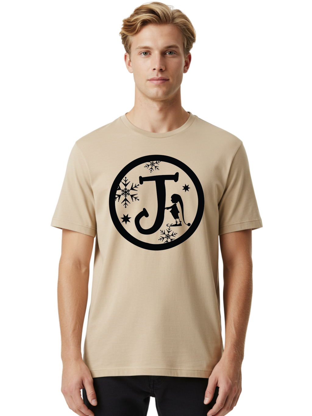J Men'S Graphic Tee, 100% Cotton, Comfortable Casual Summer Wear, Machine Washable, Girl Playing Hockey, Winter Sports, Ice Hockey, Silhouette Design, Snowflakes, Stars, Letter J, Frosty Atmosphere, Womens Hockey, Youth Hockey Aac906