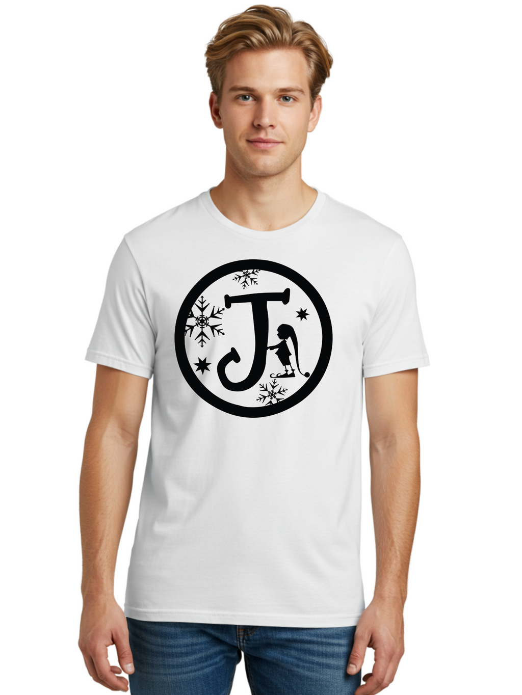 J Men'S Graphic Tee, 100% Cotton, Comfortable Casual Summer Wear, Machine Washable, Girl Playing Hockey, Winter Sports, Ice Hockey, Silhouette Design, Snowflakes, Stars, Letter J, Frosty Atmosphere, Womens Hockey, Youth Hockey Aac906