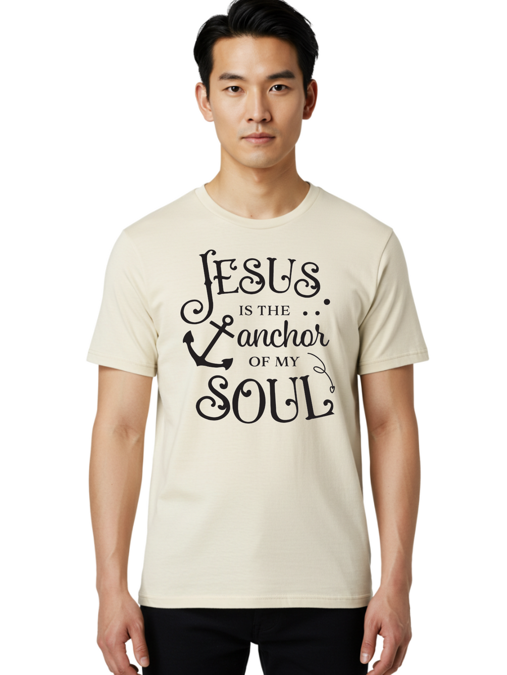 Jesus-Is-The-Anchor-Of-My-Soul Men'S Graphic Tee, 100% Cotton, Comfortable Casual Summer Wear, Machine Washable, Faith-Based Quote, Inspirational Message, Jesus Anchor, Soul Anchor, Christian Symbolism, Biblical Reference, Motivational Phrase, Aac909