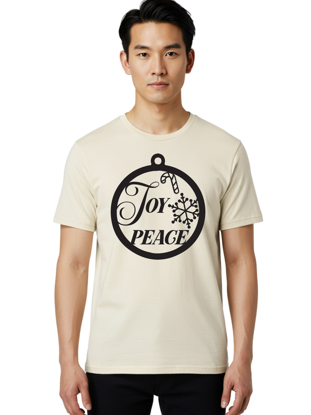 Joy-Peace Men'S Graphic Tee, 100% Cotton, Comfortable Casual Summer Wear, Machine Washable, Christmas Ornament, Festive Decor, Holiday Cheer, Joyful Atmosphere, Peace On Earth, Snowflake Design, Candy Cane Motif, Winter Wonderland, Aac911
