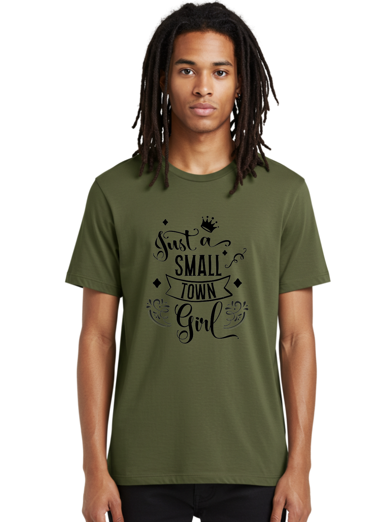 Just-A-Small-Town-Girl Men'S Graphic Tee, 100% Cotton, Comfortable Casual Summer Wear, Machine Washable, Small Town Girl, Typography Design, Elegant Font, Crown Symbol, Ornate Details, Black Text, Feminine Style, Decorative Elements, Aac913