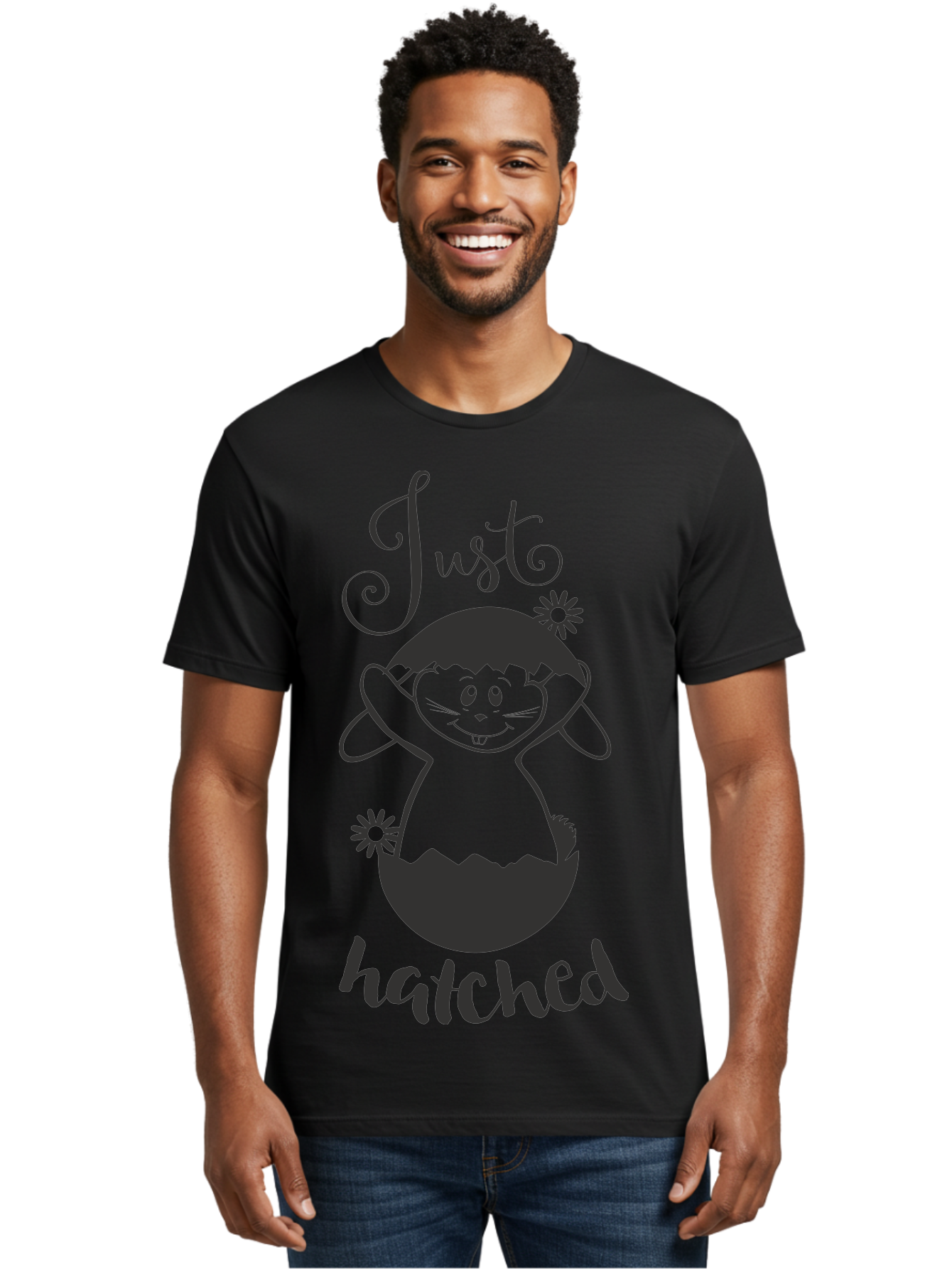 Just-Hatched Men'S Graphic Tee, 100% Cotton, Comfortable Casual Summer Wear, Machine Washable, Cute Cartoon Character, Hatching From Egg, Playful Design, Easter Theme, Funny Illustration, Whimsical Art, Baby Chick, Adorable Graphic Aac915