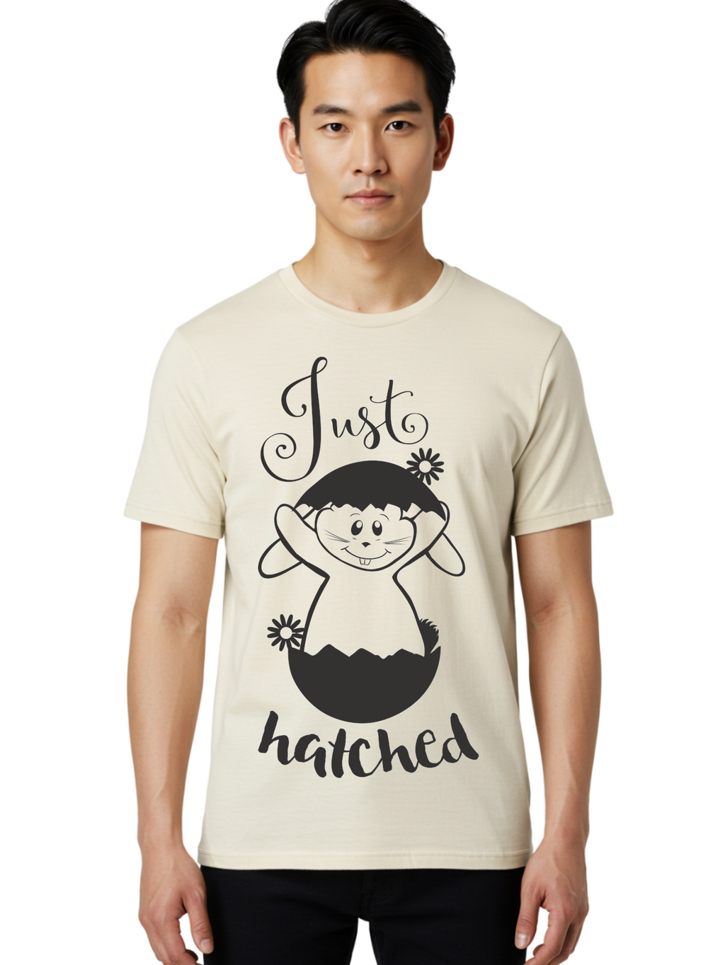 Just-Hatched Men'S Graphic Tee, 100% Cotton, Comfortable Casual Summer Wear, Machine Washable, Cute Cartoon Character, Hatching From Egg, Playful Design, Easter Theme, Funny Illustration, Whimsical Art, Baby Chick, Adorable Graphic Aac915