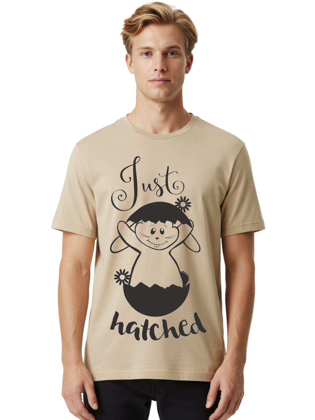 Just-Hatched Men'S Graphic Tee, 100% Cotton, Comfortable Casual Summer Wear, Machine Washable, Cute Cartoon Character, Hatching From Egg, Playful Design, Easter Theme, Funny Illustration, Whimsical Art, Baby Chick, Adorable Graphic Aac915