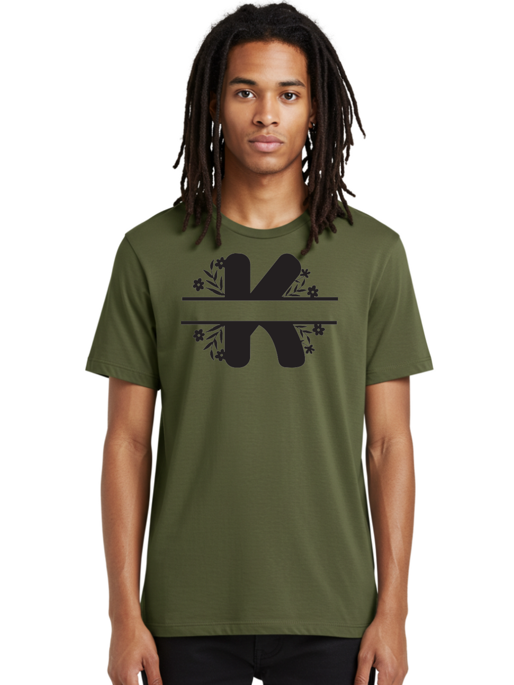 K-1 Men'S Graphic Tee, 100% Cotton, Comfortable Casual Summer Wear, Machine Washable, Stylized Letter K, Floral Design, Black Silhouettes, Flowers And Leaves, Decorative Graphic Aac916