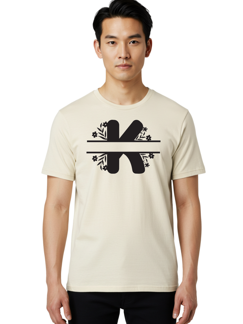 K-1 Men'S Graphic Tee, 100% Cotton, Comfortable Casual Summer Wear, Machine Washable, Stylized Letter K, Floral Design, Black Silhouettes, Flowers And Leaves, Decorative Graphic Aac916