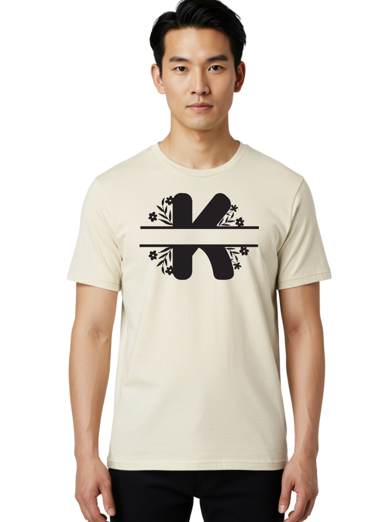 K-1 Men'S Graphic Tee, 100% Cotton, Comfortable Casual Summer Wear, Machine Washable, Stylized Letter K, Floral Design, Black Silhouettes, Flowers And Leaves, Decorative Graphic Aac916