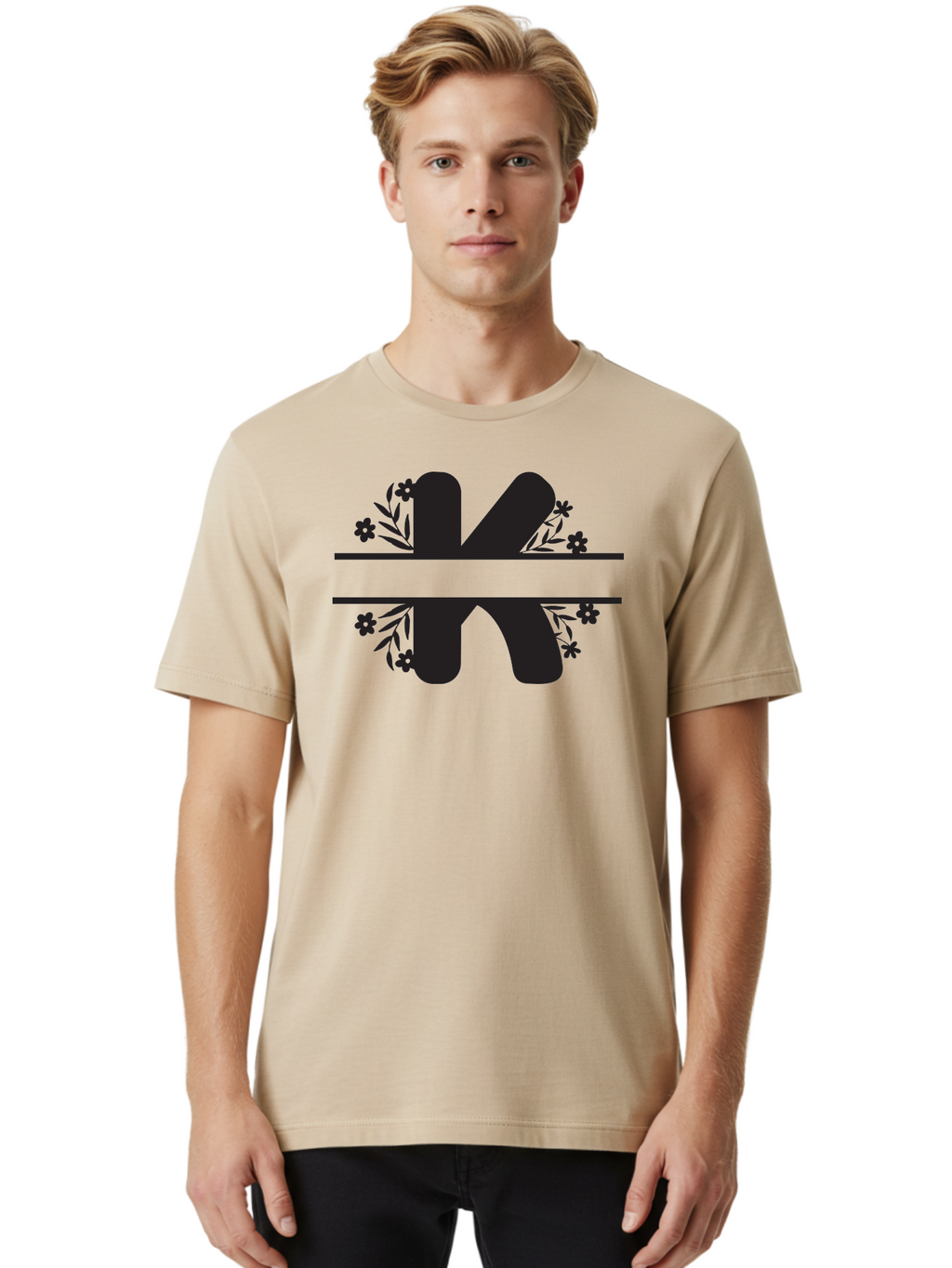 K-1 Men'S Graphic Tee, 100% Cotton, Comfortable Casual Summer Wear, Machine Washable, Stylized Letter K, Floral Design, Black Silhouettes, Flowers And Leaves, Decorative Graphic Aac916