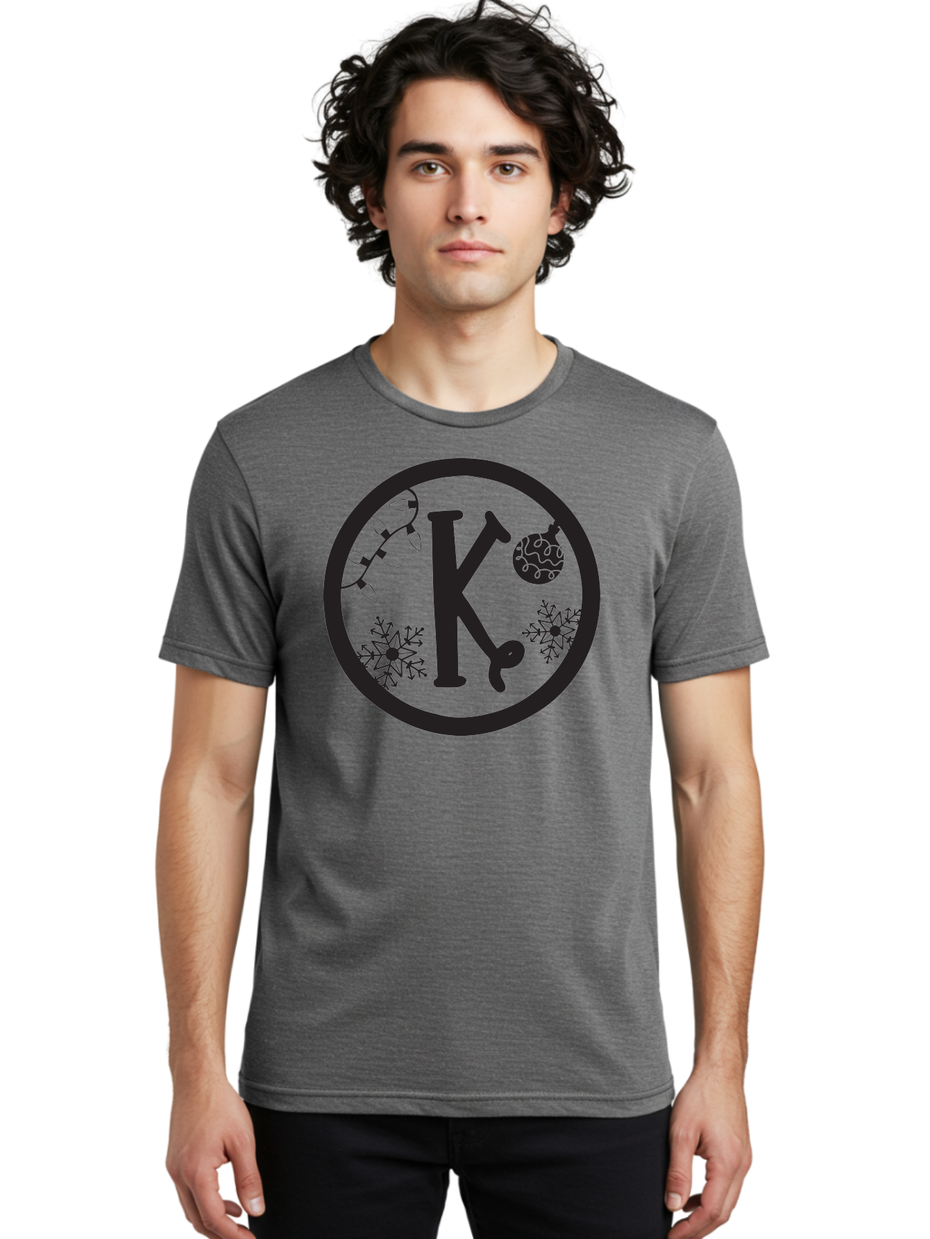 K Men'S Graphic Tee, 100% Cotton, Comfortable Casual Summer Wear, Machine Washable, Christmas Decorations, Festive Designs, Snowflakes, Ornament, K Symbol, String Lights, Holiday Graphics, Winter Wonderland Aac917