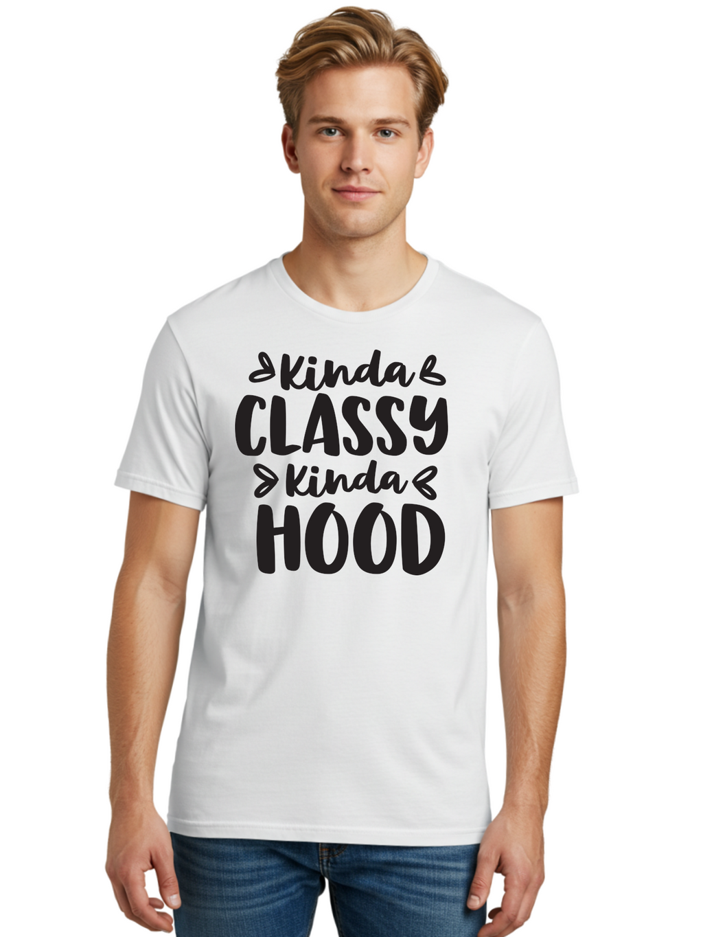 Kinda-Classy-Kinda-Hood Men'S Graphic Tee, 100% Cotton, Comfortable Casual Summer Wear, Machine Washable, Classy And Hood, Contrast, Stylish, Quote, Urban, Elegance, Quirky, Fashion Statement, Sassy, Attitude, Humor, Playful Typography Aac921