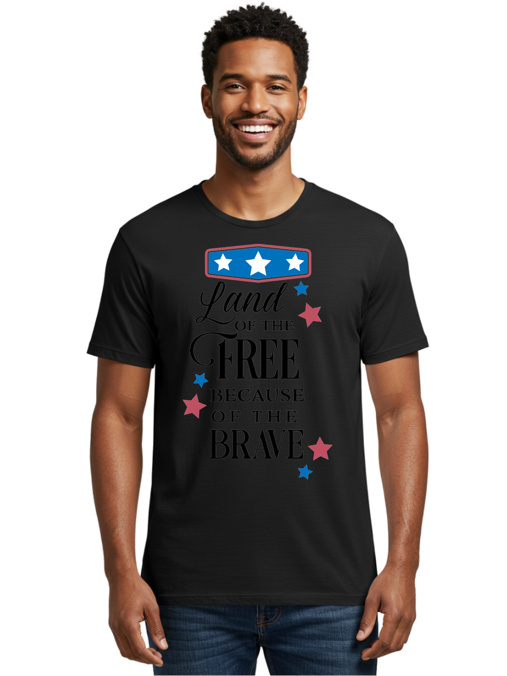 Land-Of-Free-Because-Of-Brave Men'S Graphic Tee, 100% Cotton, Comfortable Casual Summer Wear, Machine Washable, Patriotic Quote, Inspirational Phrase, Red White And Blue Theme, Freedom And Bravery, Stars And Stripes, Usa Pride, Aac924