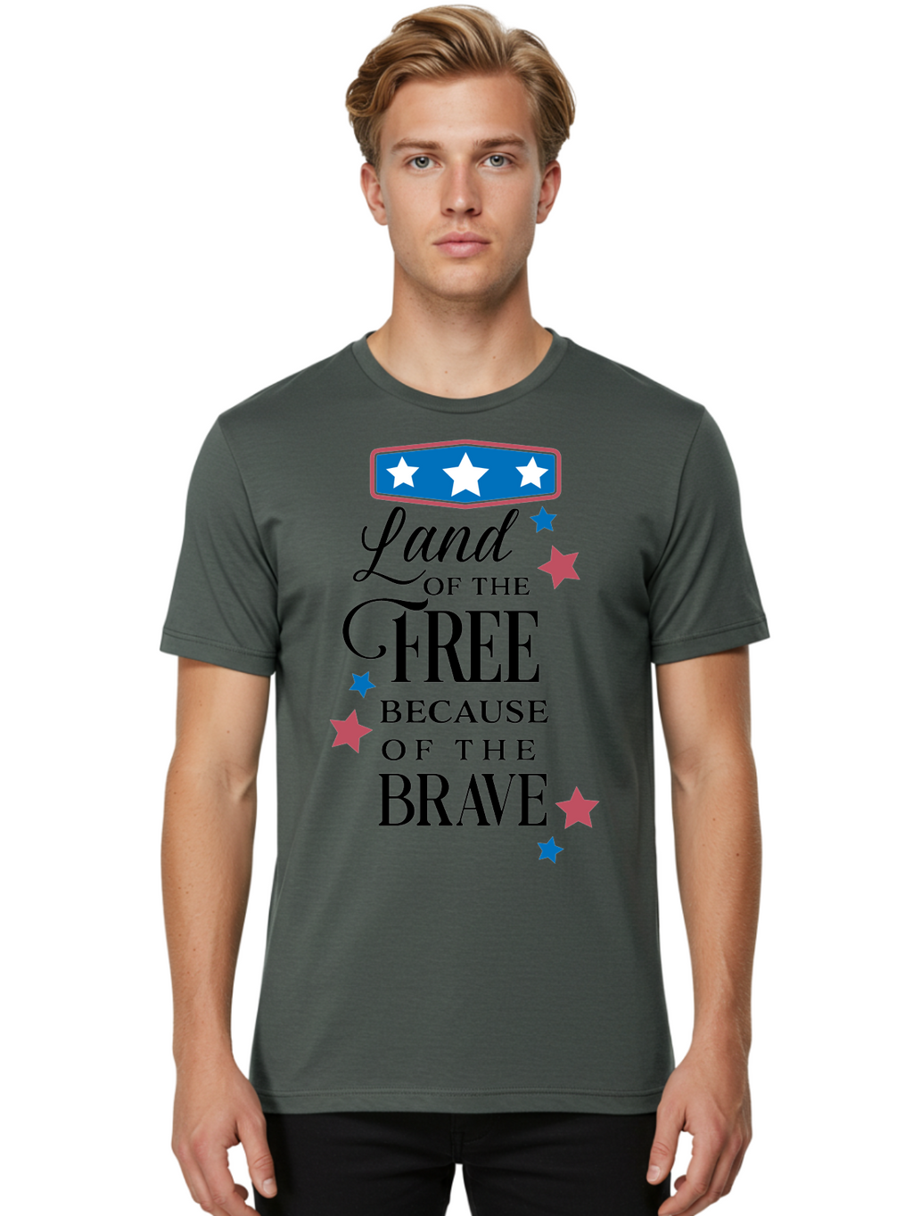 Land-Of-Free-Because-Of-Brave Men'S Graphic Tee, 100% Cotton, Comfortable Casual Summer Wear, Machine Washable, Patriotic Quote, Inspirational Phrase, Red White And Blue Theme, Freedom And Bravery, Stars And Stripes, Usa Pride, Aac924