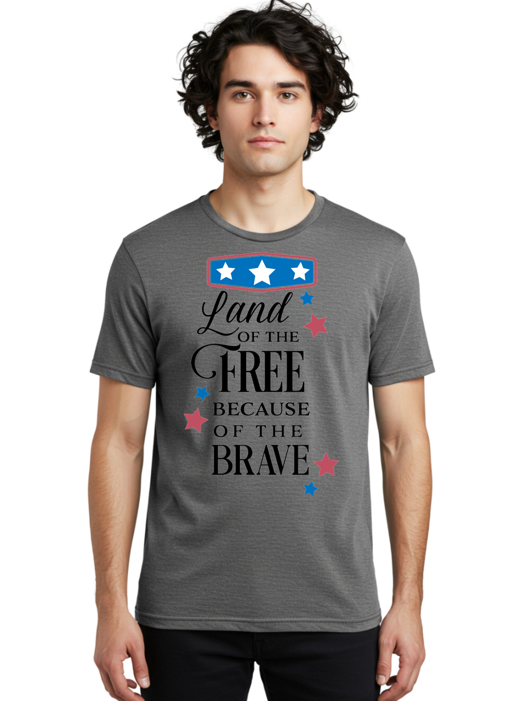 Land-Of-Free-Because-Of-Brave Men'S Graphic Tee, 100% Cotton, Comfortable Casual Summer Wear, Machine Washable, Patriotic Quote, Inspirational Phrase, Red White And Blue Theme, Freedom And Bravery, Stars And Stripes, Usa Pride, Aac924