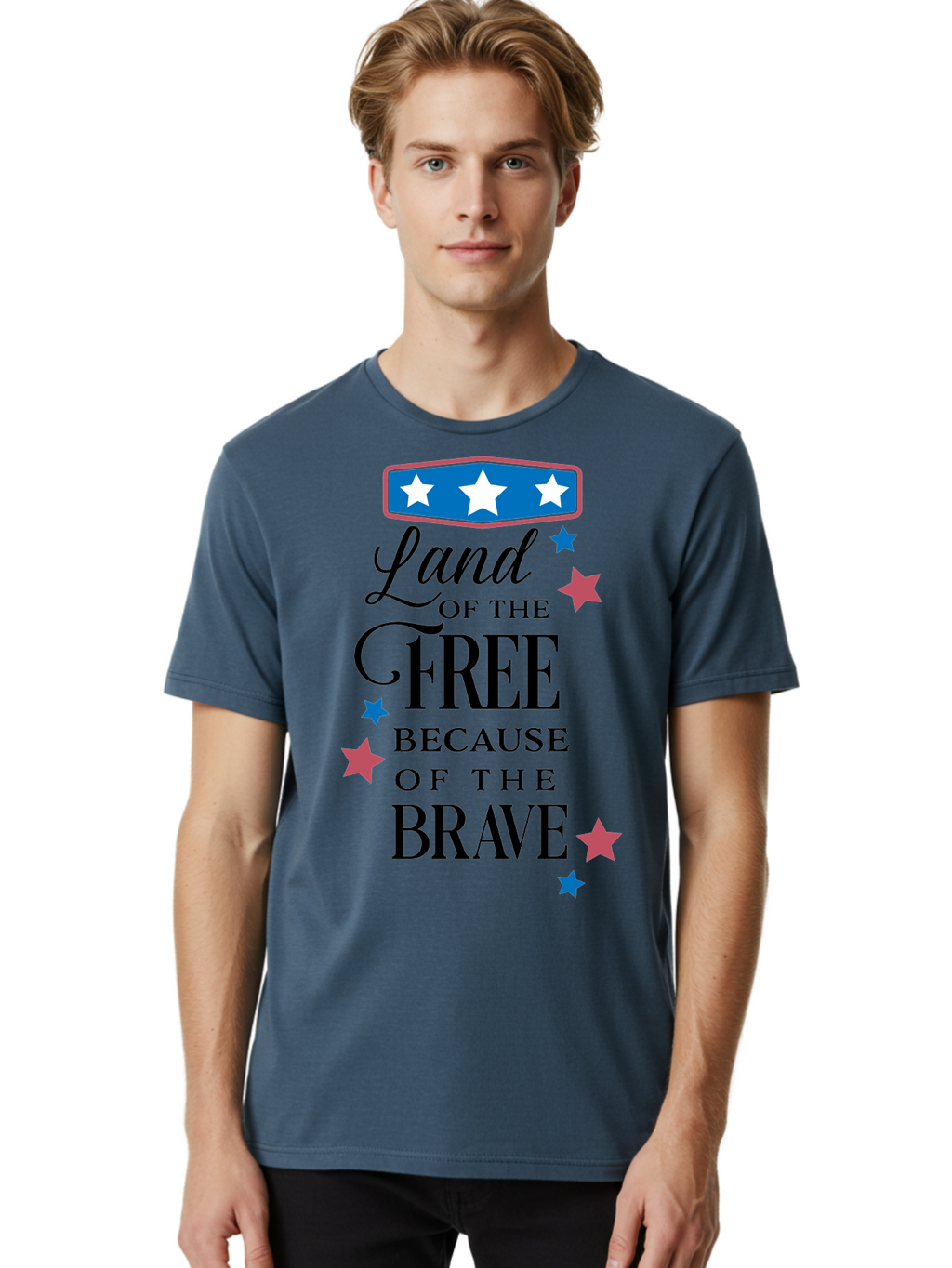 Land-Of-Free-Because-Of-Brave Men'S Graphic Tee, 100% Cotton, Comfortable Casual Summer Wear, Machine Washable, Patriotic Quote, Inspirational Phrase, Red White And Blue Theme, Freedom And Bravery, Stars And Stripes, Usa Pride, Aac924