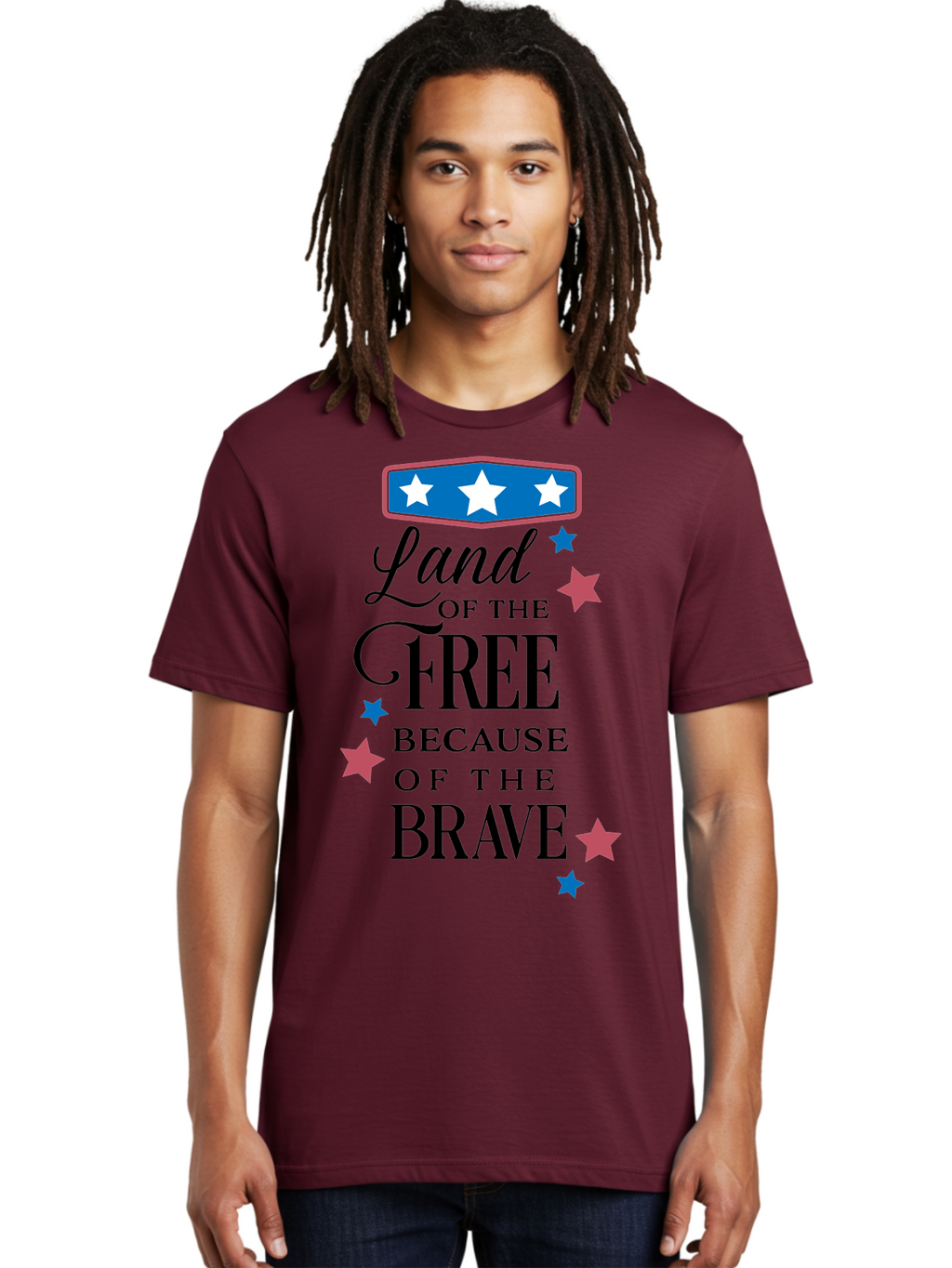 Land-Of-Free-Because-Of-Brave Men'S Graphic Tee, 100% Cotton, Comfortable Casual Summer Wear, Machine Washable, Patriotic Quote, Inspirational Phrase, Red White And Blue Theme, Freedom And Bravery, Stars And Stripes, Usa Pride, Aac924