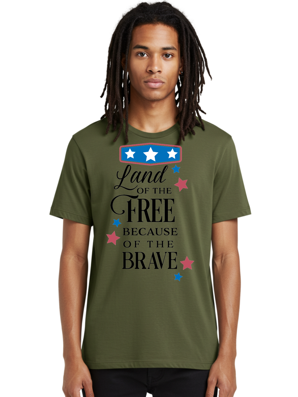 Land-Of-Free-Because-Of-Brave Men'S Graphic Tee, 100% Cotton, Comfortable Casual Summer Wear, Machine Washable, Patriotic Quote, Inspirational Phrase, Red White And Blue Theme, Freedom And Bravery, Stars And Stripes, Usa Pride, Aac924