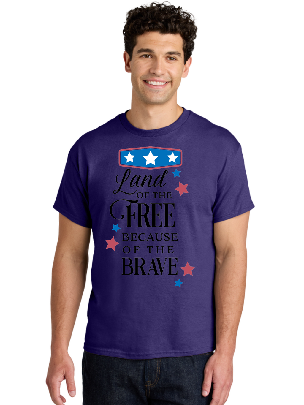 Land-Of-Free-Because-Of-Brave Men'S Graphic Tee, 100% Cotton, Comfortable Casual Summer Wear, Machine Washable, Patriotic Quote, Inspirational Phrase, Red White And Blue Theme, Freedom And Bravery, Stars And Stripes, Usa Pride, Aac924