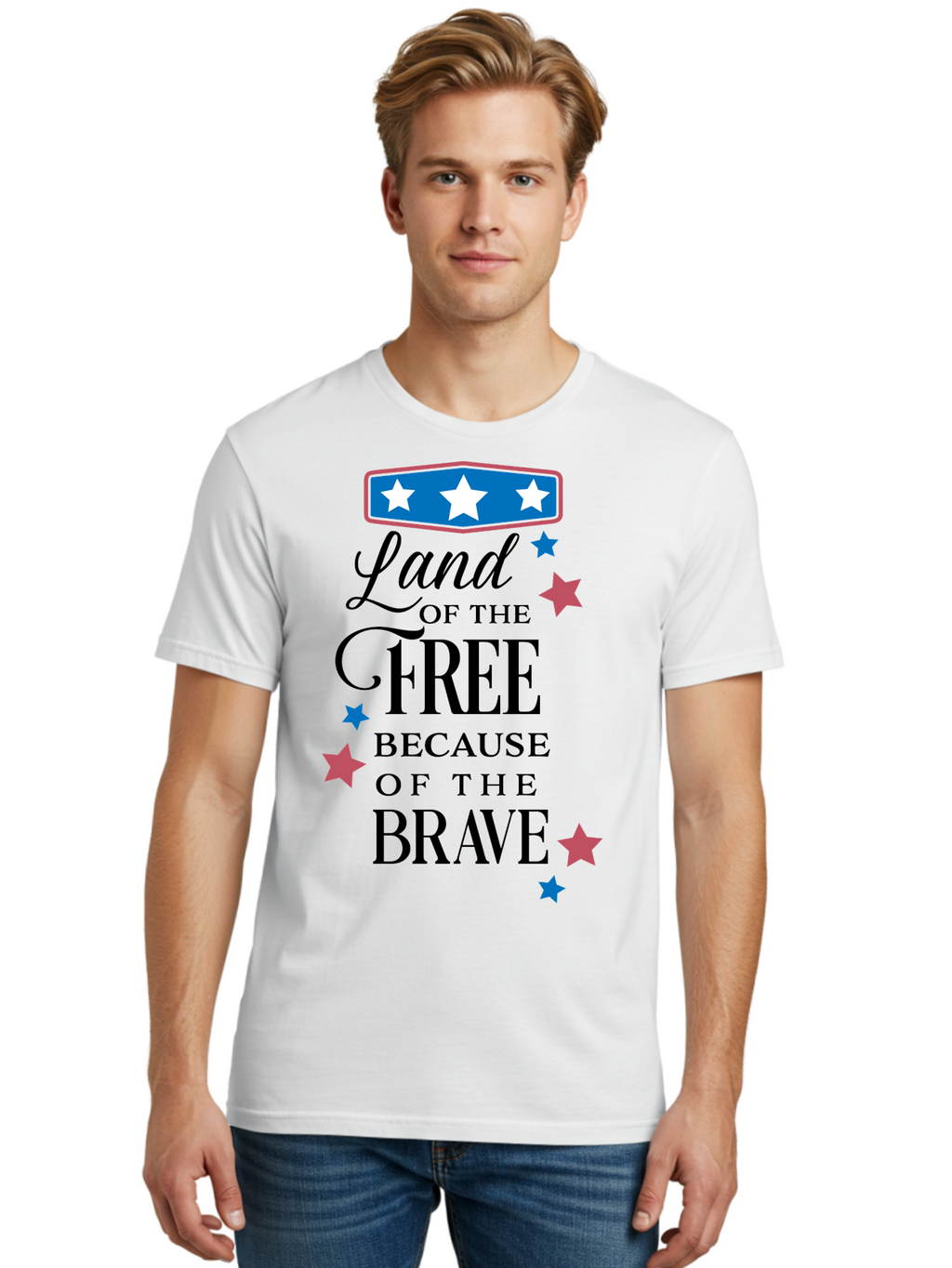 Land-Of-Free-Because-Of-Brave Men'S Graphic Tee, 100% Cotton, Comfortable Casual Summer Wear, Machine Washable, Patriotic Quote, Inspirational Phrase, Red White And Blue Theme, Freedom And Bravery, Stars And Stripes, Usa Pride, Aac924