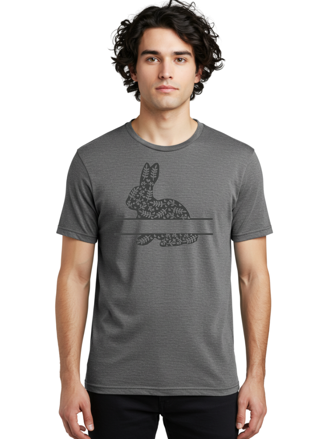 Leafy-Bunny Men'S Graphic Tee, 100% Cotton, Comfortable Casual Summer Wear, Machine Washable, Rabbit Silhouette, Fern Patterns, Leafy Design, Nature-Inspired Art, Botanical Illustration, Whimsical Graphics, Easter Theme Aac929