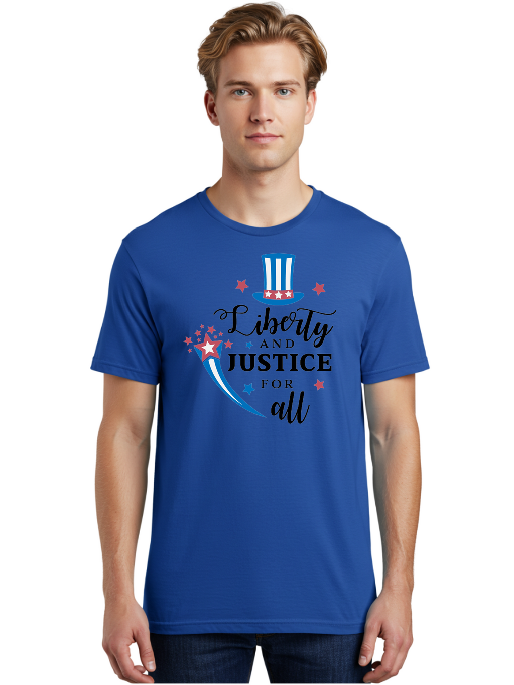 Liberty-And-Justice-For-All Men'S Graphic Tee, 100% Cotton, Comfortable Casual Summer Wear, Machine Washable, Liberty, Justice For All, Patriotic Theme, American Values, Freedom, Equality, Stars And Stripes, 4Th Of July, Independence Day, Aac939