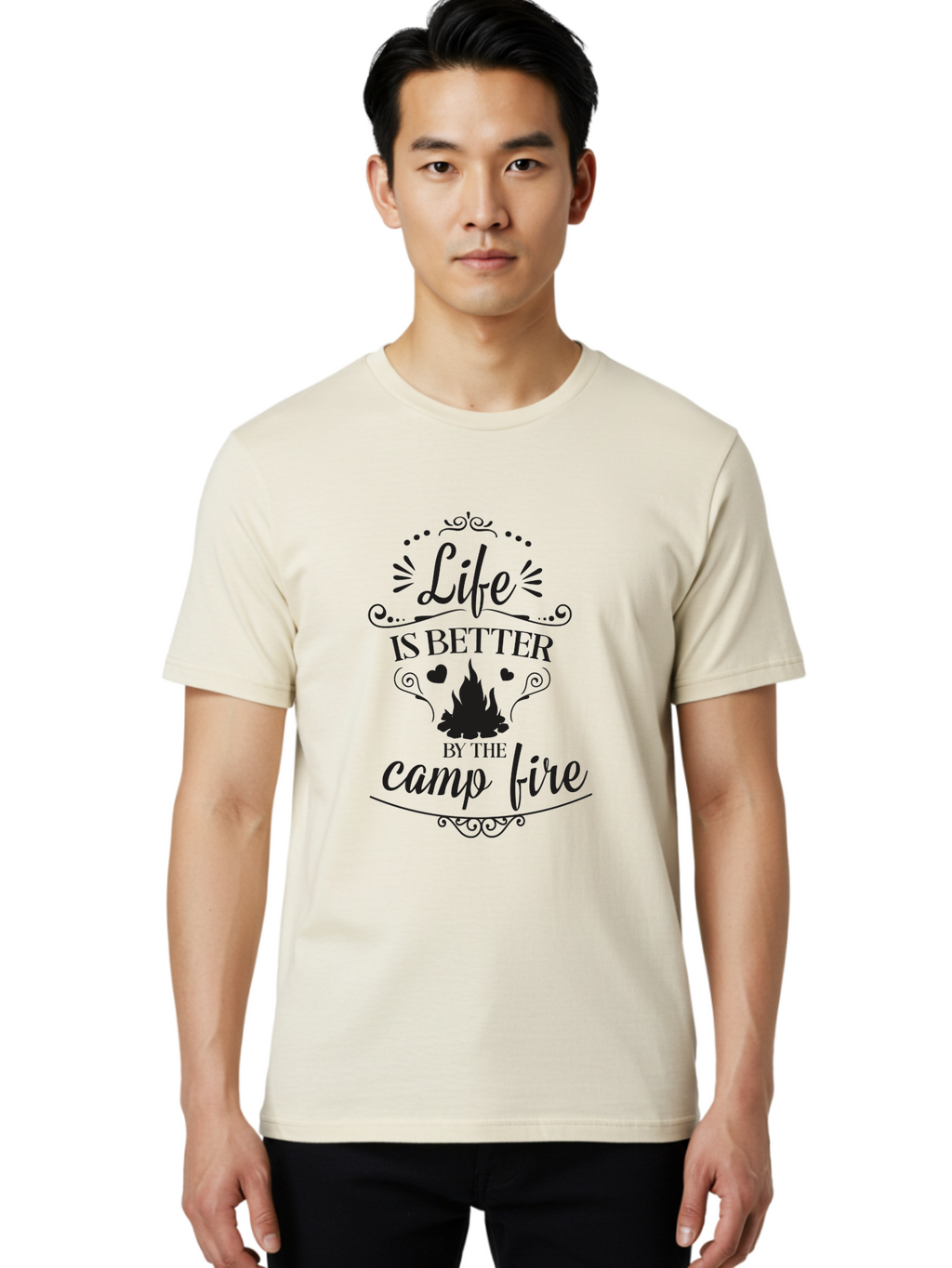 Life-Is-Better-By-The-Camp-Fire Men'S Graphic Tee, 100% Cotton, Comfortable Casual Summer Wear, Machine Washable, Camping Quotes, Campfire Inspiration, Outdoor Adventure, Nature Lovers, Wilderness Exploration, Camping Life, Aac944