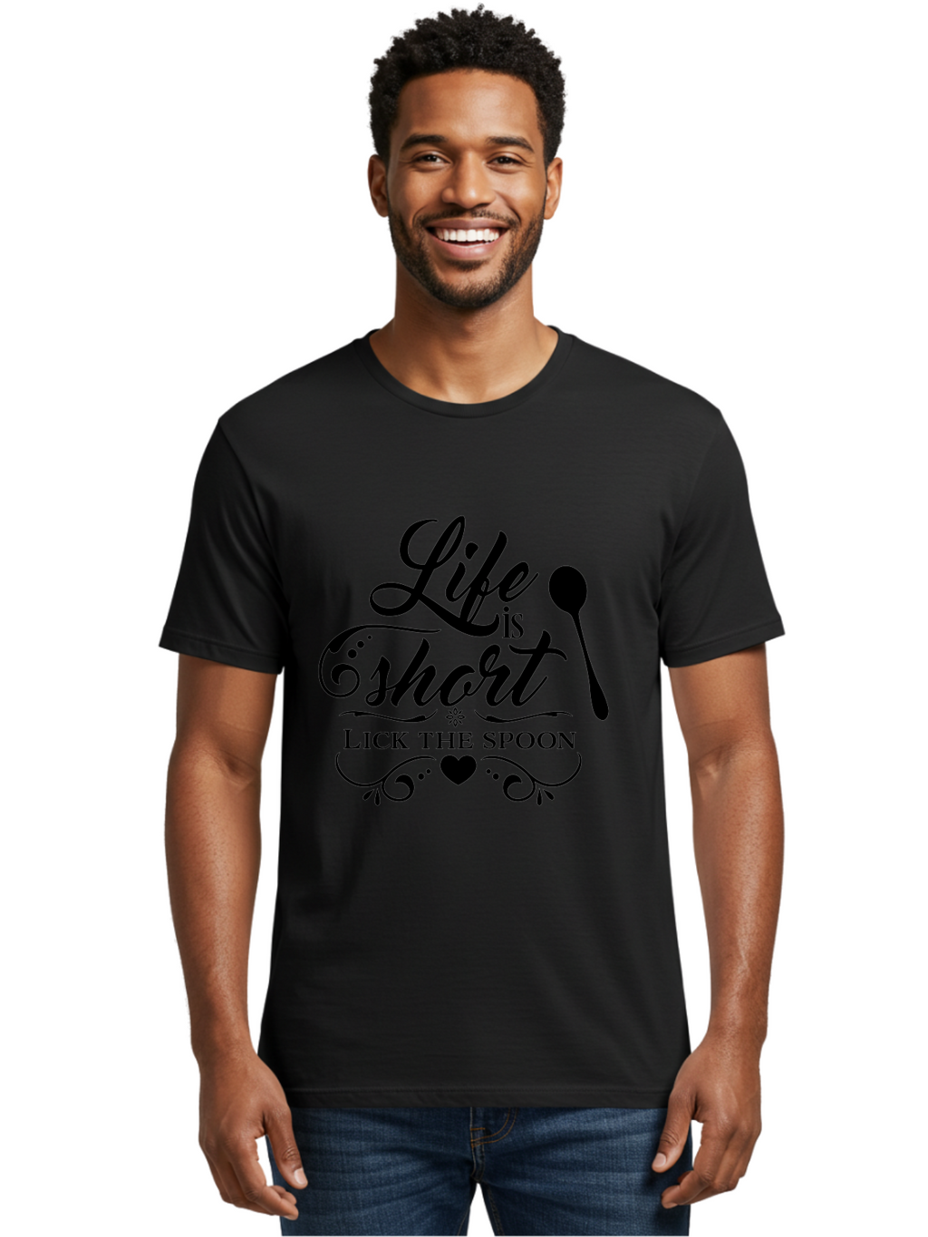 Life-Is-Short-Lick-The-Spoon Men'S Graphic Tee, 100% Cotton, Comfortable Casual Summer Wear, Machine Washable, Life Is Short, Lick The Spoon, Inspirational Quotes, Kitchen Utensils, Cooking Quotes, Foodie Sayings, Spoon, Heart, Aac946