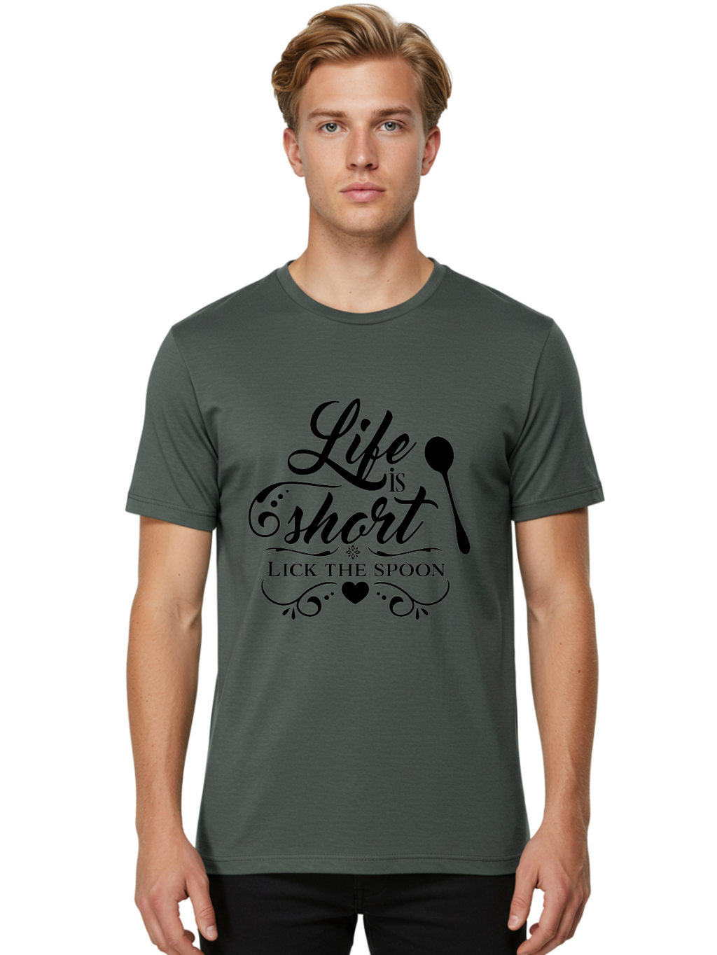 Life-Is-Short-Lick-The-Spoon Men'S Graphic Tee, 100% Cotton, Comfortable Casual Summer Wear, Machine Washable, Life Is Short, Lick The Spoon, Inspirational Quotes, Kitchen Utensils, Cooking Quotes, Foodie Sayings, Spoon, Heart, Aac946
