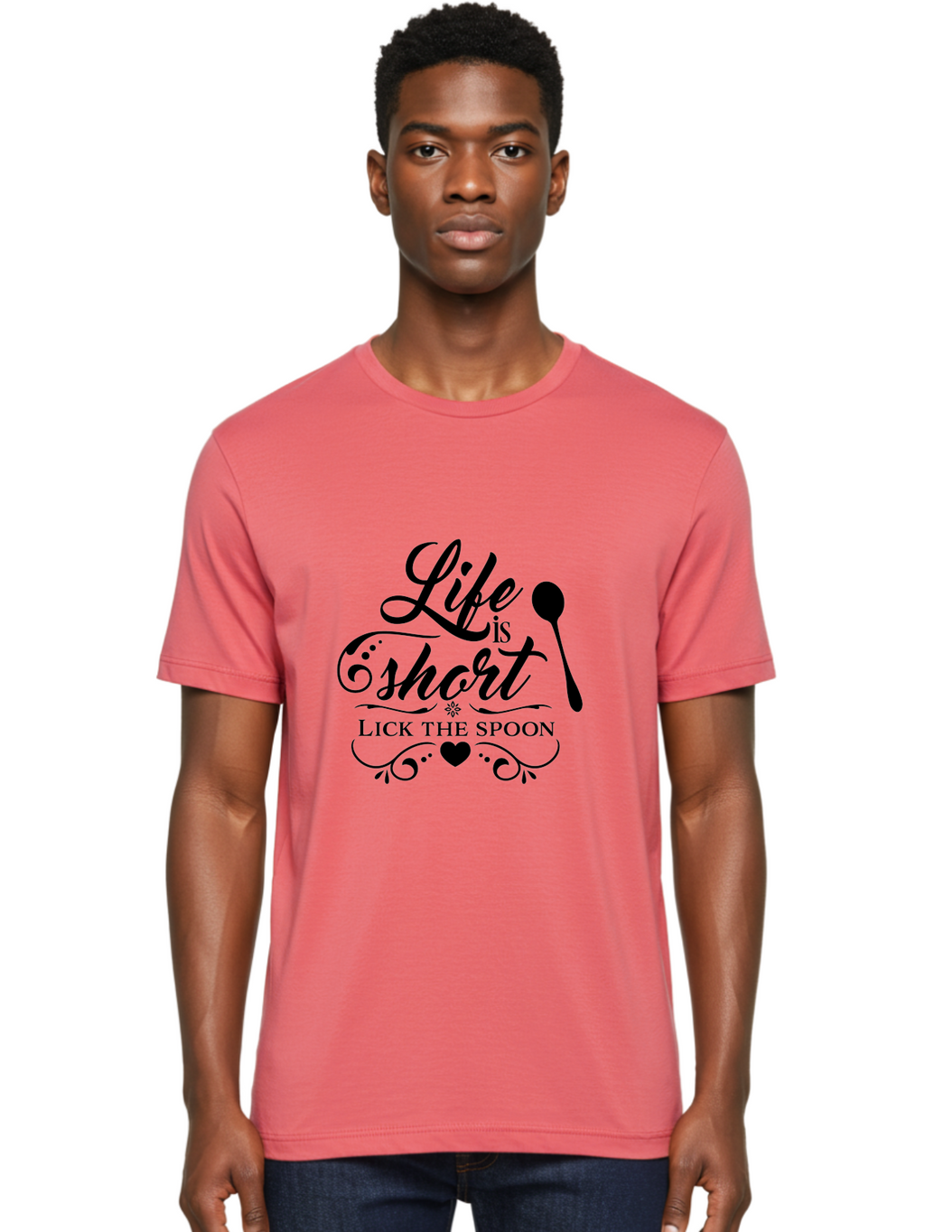 Life-Is-Short-Lick-The-Spoon Men'S Graphic Tee, 100% Cotton, Comfortable Casual Summer Wear, Machine Washable, Life Is Short, Lick The Spoon, Inspirational Quotes, Kitchen Utensils, Cooking Quotes, Foodie Sayings, Spoon, Heart, Aac946