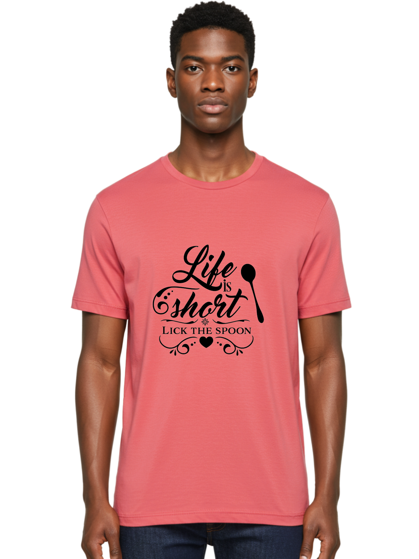Life-Is-Short-Lick-The-Spoon Men'S Graphic Tee, 100% Cotton, Comfortable Casual Summer Wear, Machine Washable, Life Is Short, Lick The Spoon, Inspirational Quotes, Kitchen Utensils, Cooking Quotes, Foodie Sayings, Spoon, Heart, Aac946