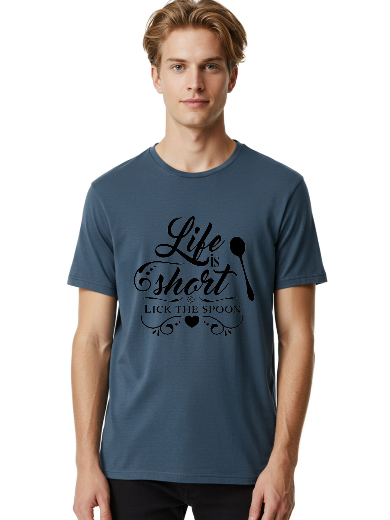 Life-Is-Short-Lick-The-Spoon Men'S Graphic Tee, 100% Cotton, Comfortable Casual Summer Wear, Machine Washable, Life Is Short, Lick The Spoon, Inspirational Quotes, Kitchen Utensils, Cooking Quotes, Foodie Sayings, Spoon, Heart, Aac946