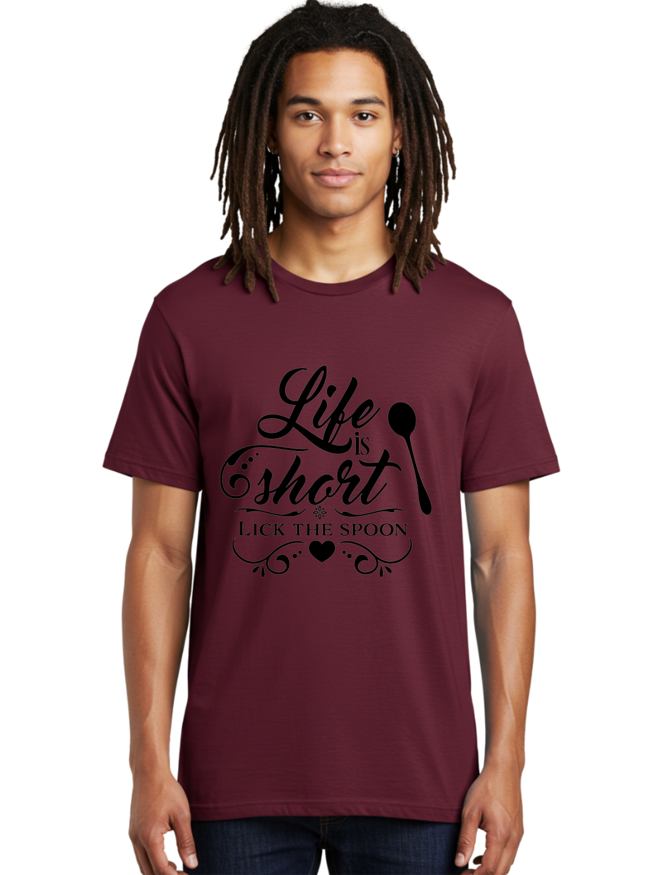 Life-Is-Short-Lick-The-Spoon Men'S Graphic Tee, 100% Cotton, Comfortable Casual Summer Wear, Machine Washable, Life Is Short, Lick The Spoon, Inspirational Quotes, Kitchen Utensils, Cooking Quotes, Foodie Sayings, Spoon, Heart, Aac946