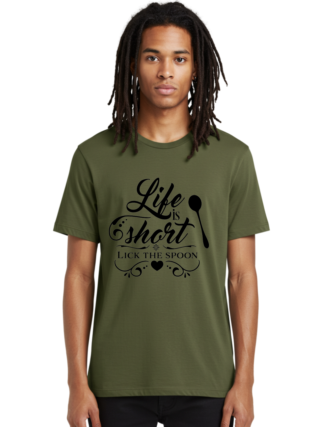 Life-Is-Short-Lick-The-Spoon Men'S Graphic Tee, 100% Cotton, Comfortable Casual Summer Wear, Machine Washable, Life Is Short, Lick The Spoon, Inspirational Quotes, Kitchen Utensils, Cooking Quotes, Foodie Sayings, Spoon, Heart, Aac946