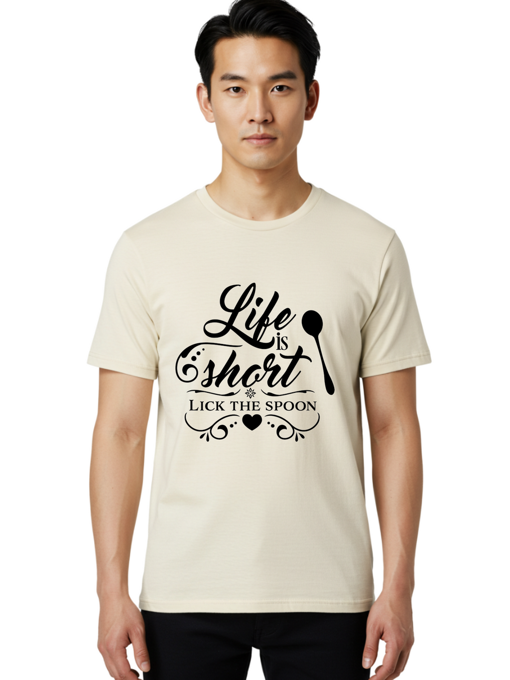 Life-Is-Short-Lick-The-Spoon Men'S Graphic Tee, 100% Cotton, Comfortable Casual Summer Wear, Machine Washable, Life Is Short, Lick The Spoon, Inspirational Quotes, Kitchen Utensils, Cooking Quotes, Foodie Sayings, Spoon, Heart, Aac946