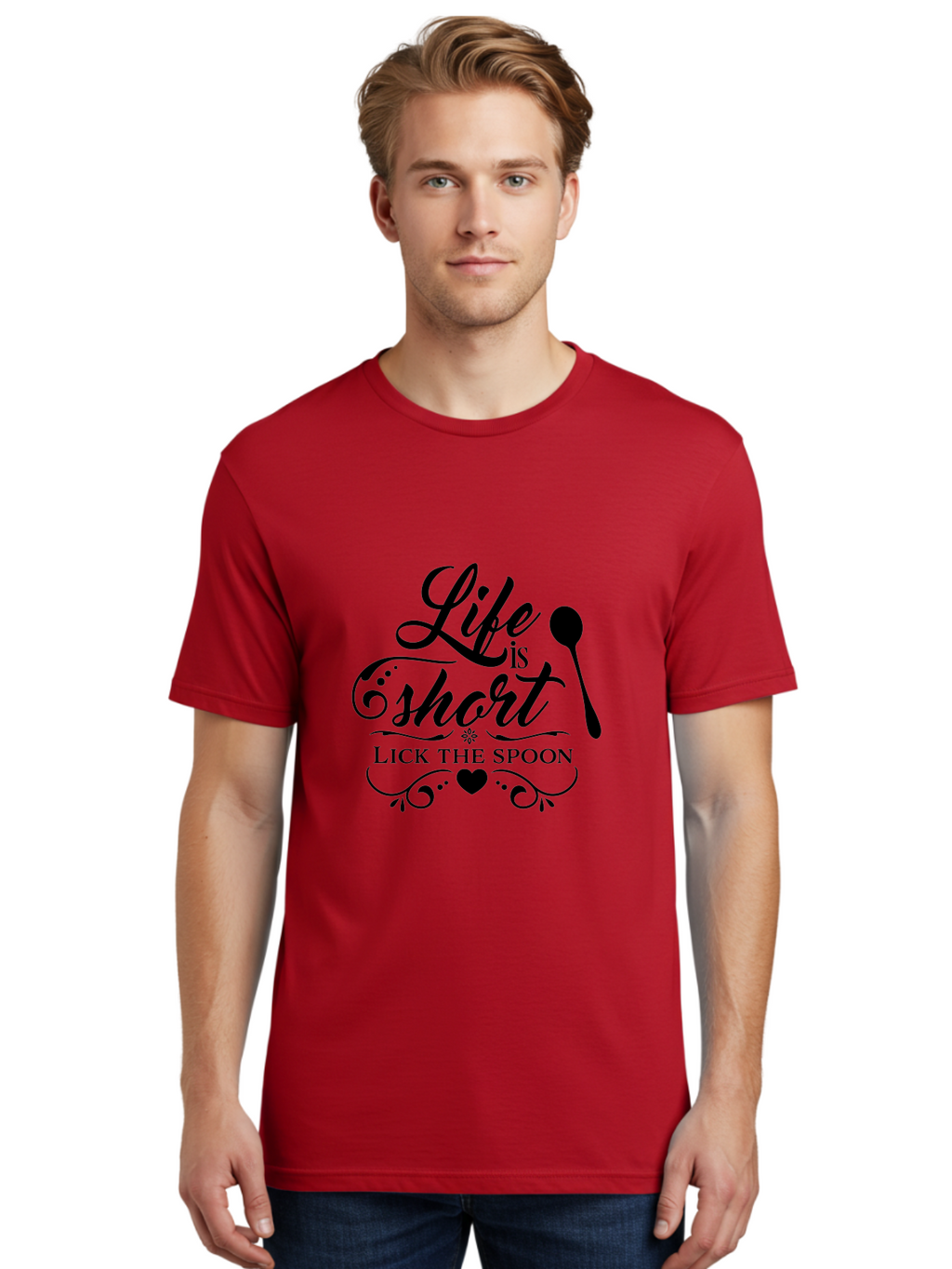 Life-Is-Short-Lick-The-Spoon Men'S Graphic Tee, 100% Cotton, Comfortable Casual Summer Wear, Machine Washable, Life Is Short, Lick The Spoon, Inspirational Quotes, Kitchen Utensils, Cooking Quotes, Foodie Sayings, Spoon, Heart, Aac946