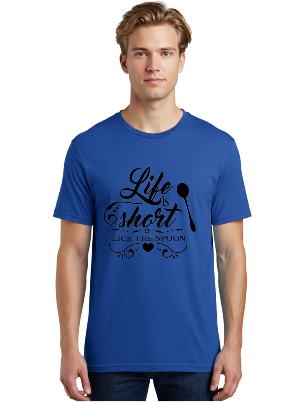 Life-Is-Short-Lick-The-Spoon Men'S Graphic Tee, 100% Cotton, Comfortable Casual Summer Wear, Machine Washable, Life Is Short, Lick The Spoon, Inspirational Quotes, Kitchen Utensils, Cooking Quotes, Foodie Sayings, Spoon, Heart, Aac946