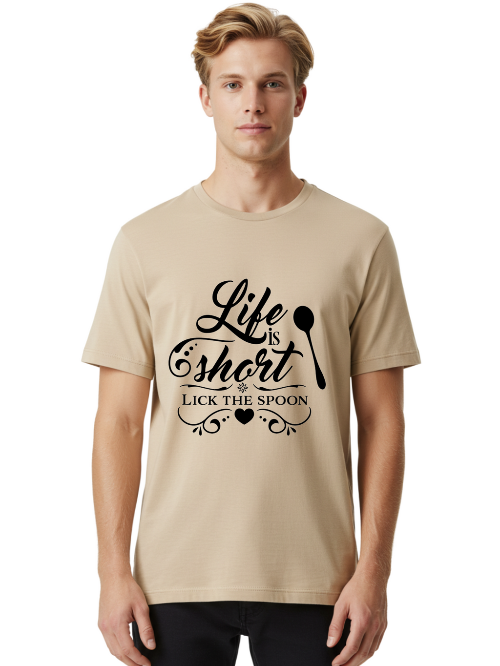 Life-Is-Short-Lick-The-Spoon Men'S Graphic Tee, 100% Cotton, Comfortable Casual Summer Wear, Machine Washable, Life Is Short, Lick The Spoon, Inspirational Quotes, Kitchen Utensils, Cooking Quotes, Foodie Sayings, Spoon, Heart, Aac946
