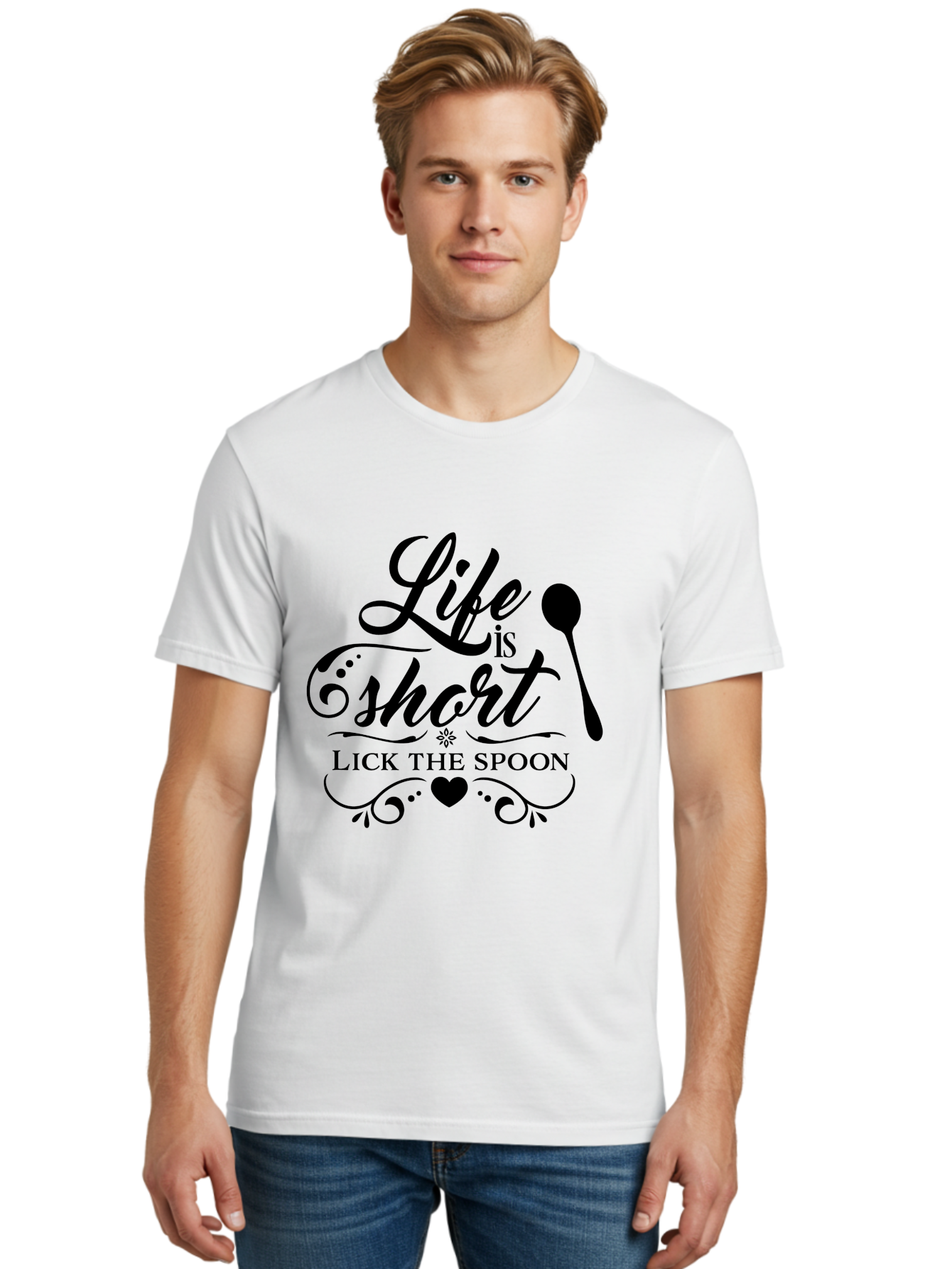 Life-Is-Short-Lick-The-Spoon Men'S Graphic Tee, 100% Cotton, Comfortable Casual Summer Wear, Machine Washable, Life Is Short, Lick The Spoon, Inspirational Quotes, Kitchen Utensils, Cooking Quotes, Foodie Sayings, Spoon, Heart, Aac946