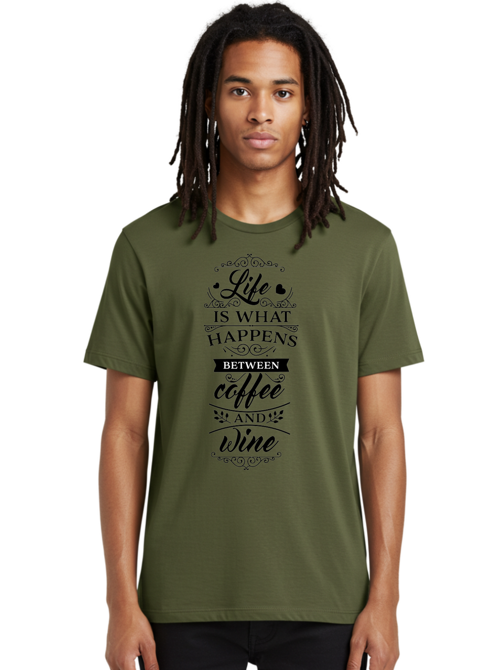 Life-Is-What-Happens-Between-Coffee-And-Wine Men'S Graphic Tee, 100% Cotton, Comfortable Casual Summer Wear, Machine Washable, Coffee And Wine Quote, Life Is What Happens Between Coffee And Wine, Typography Art, Inspirational Quotes, Aac949