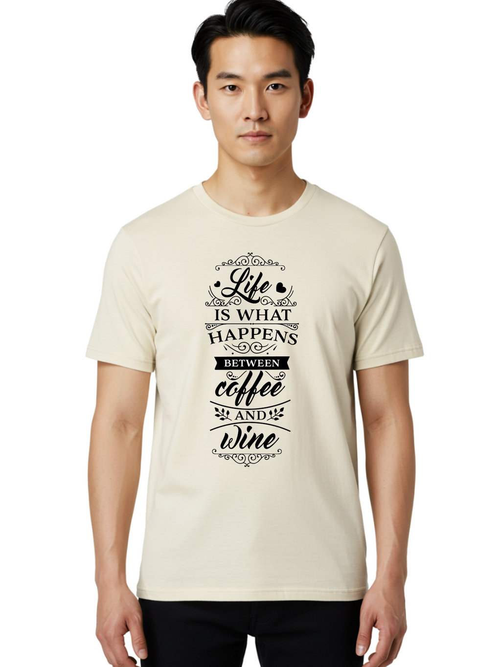 Life-Is-What-Happens-Between-Coffee-And-Wine Men'S Graphic Tee, 100% Cotton, Comfortable Casual Summer Wear, Machine Washable, Coffee And Wine Quote, Life Is What Happens Between Coffee And Wine, Typography Art, Inspirational Quotes, Aac949