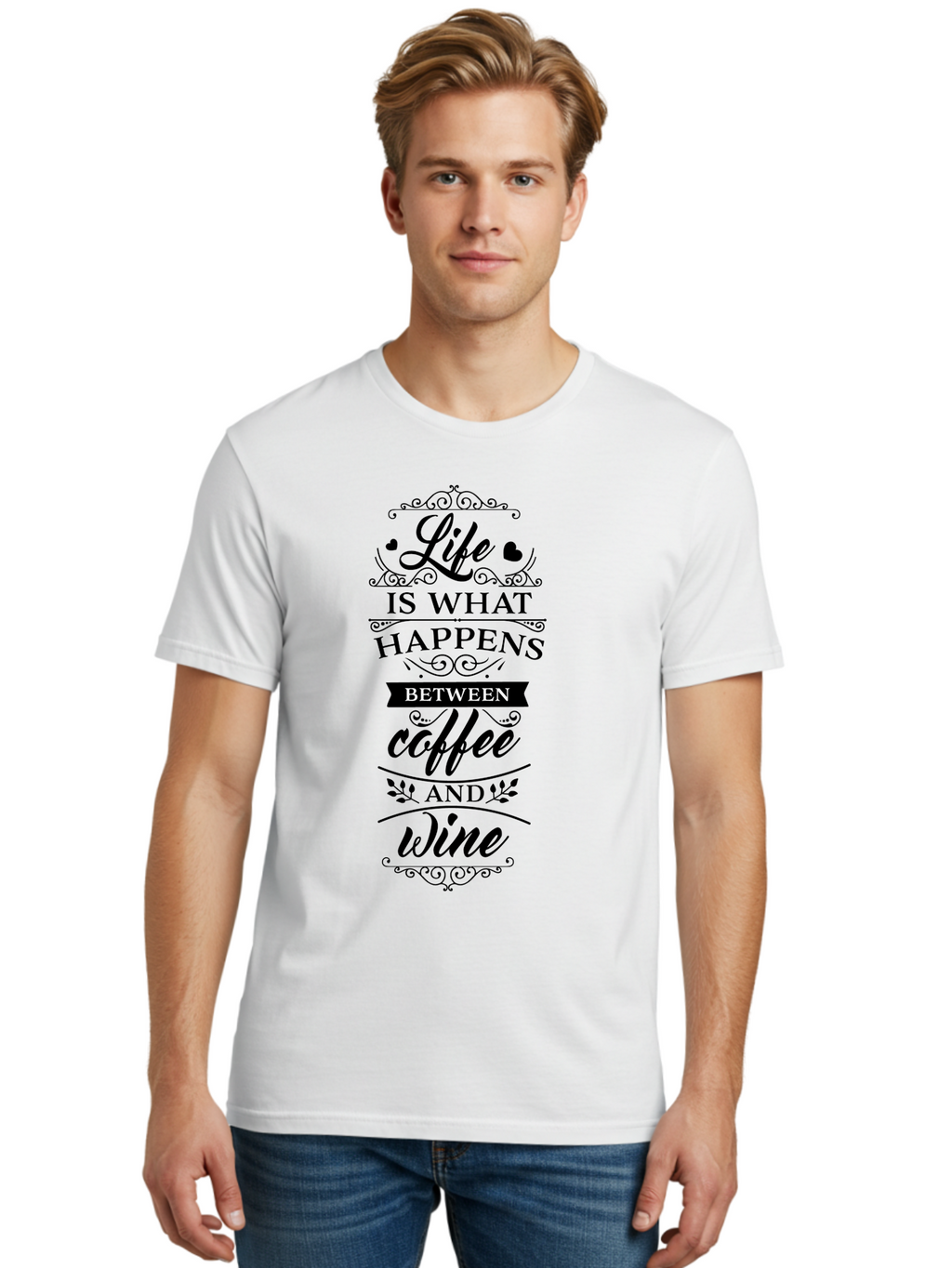 Life-Is-What-Happens-Between-Coffee-And-Wine Men'S Graphic Tee, 100% Cotton, Comfortable Casual Summer Wear, Machine Washable, Coffee And Wine Quote, Life Is What Happens Between Coffee And Wine, Typography Art, Inspirational Quotes, Aac949
