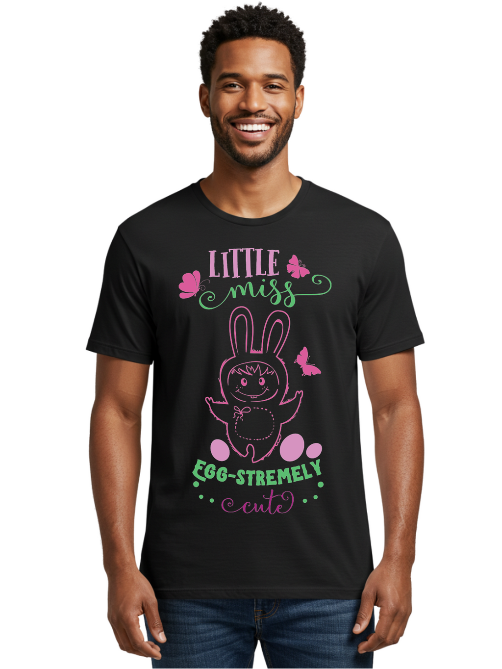 Little-Egg-Stra-Cute Men'S Graphic Tee, 100% Cotton, Comfortable Casual Summer Wear, Machine Washable, Easter Bunny, Cute Cartoon Character, Eggs-Travagant Design, Easter Eggs, Pastel Colors, Whimsical Illustration, Bunny Love, Spring Theme, Aac953