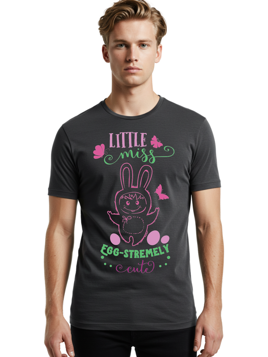 Little-Egg-Stra-Cute Men'S Graphic Tee, 100% Cotton, Comfortable Casual Summer Wear, Machine Washable, Easter Bunny, Cute Cartoon Character, Eggs-Travagant Design, Easter Eggs, Pastel Colors, Whimsical Illustration, Bunny Love, Spring Theme, Aac953