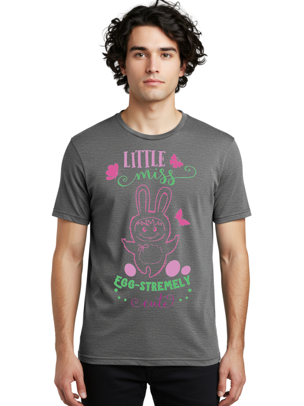 Little-Egg-Stra-Cute Men'S Graphic Tee, 100% Cotton, Comfortable Casual Summer Wear, Machine Washable, Easter Bunny, Cute Cartoon Character, Eggs-Travagant Design, Easter Eggs, Pastel Colors, Whimsical Illustration, Bunny Love, Spring Theme, Aac953