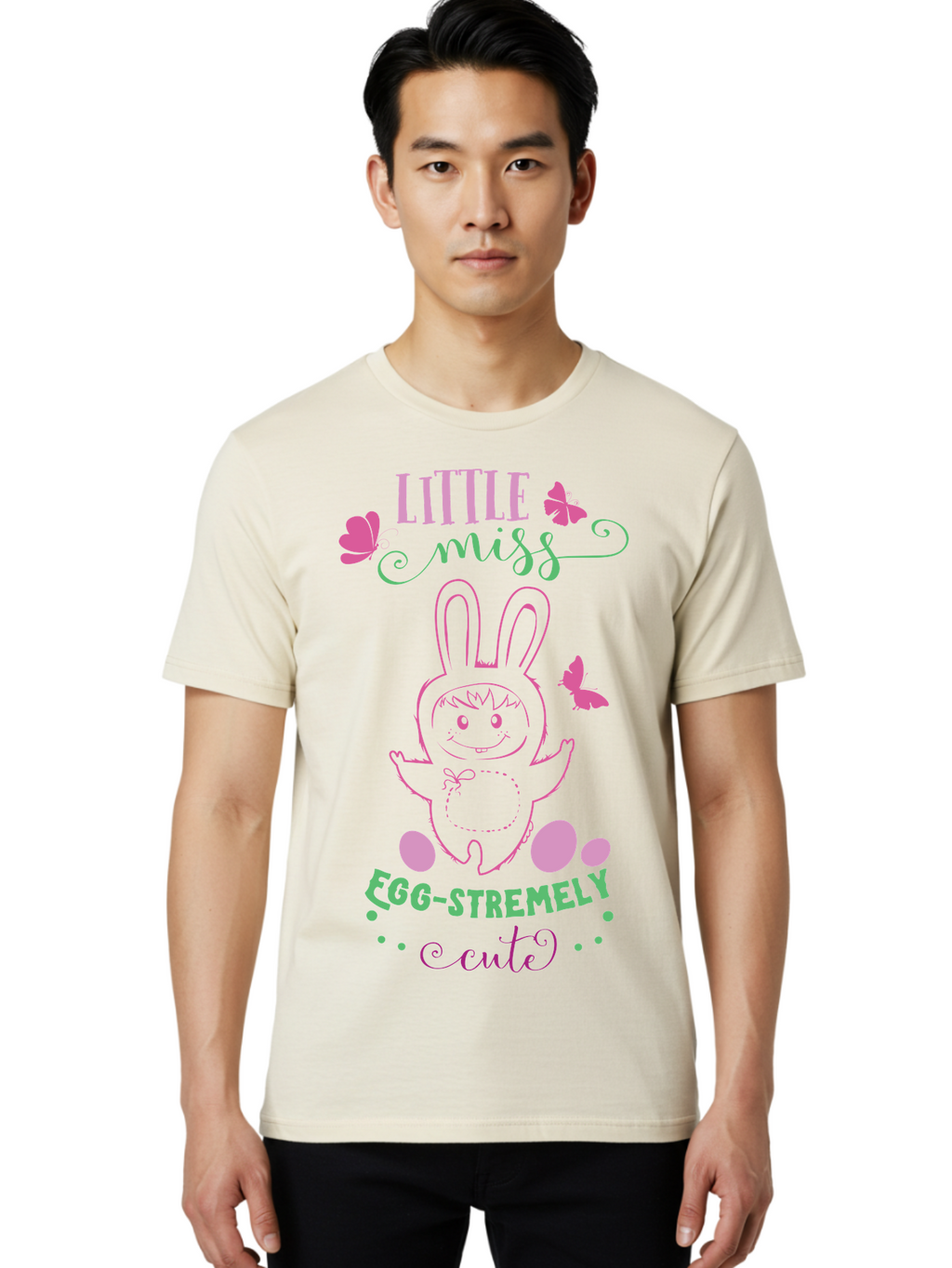 Little-Egg-Stra-Cute Men'S Graphic Tee, 100% Cotton, Comfortable Casual Summer Wear, Machine Washable, Easter Bunny, Cute Cartoon Character, Eggs-Travagant Design, Easter Eggs, Pastel Colors, Whimsical Illustration, Bunny Love, Spring Theme, Aac953